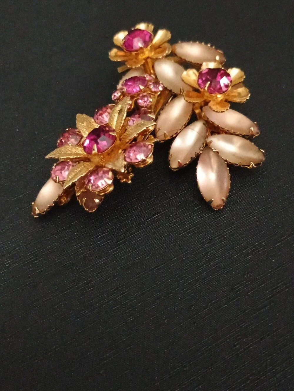 Vintage Judy Lee  1950 Gold Floral Brooch with Pink Gem Accents